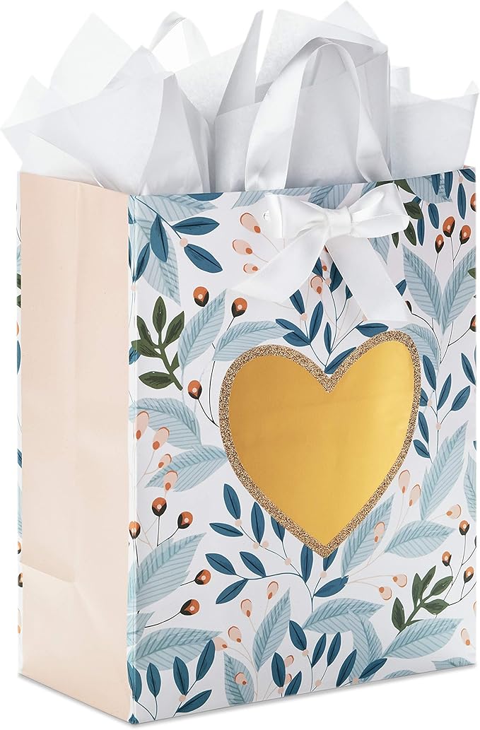 Hallmark 13" Large Gift Bag with Tissue Paper (Green Foliage, Gold Heart) for Weddings, Engagements, Anniversaries, Bridal...