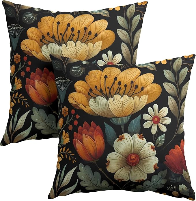 Vintage Boho Floral Pillow Covers 20x20 Inches Yellow Beige Black Throw Pillow Case Set of 2 Spring Flower Pillow Cover Co...