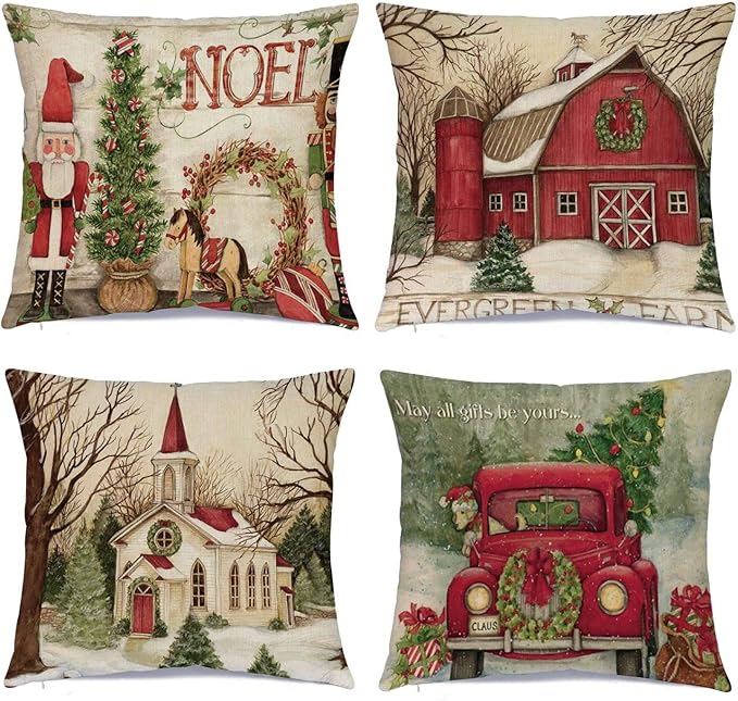 Hlonon Christmas Decorations Christmas Pillow Covers 18 x 18 Inches Set of 4 - Xmas Series Cushion Pillow Cover Custom Zip...