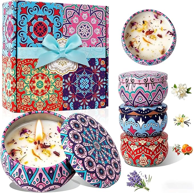 4 Pack Scented Candles for Mom, Aromatherapy Small Candles Gift Set with 8% Essential Oils, Natural Soy Candle with Floral...