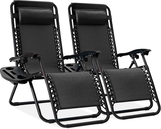 Best Choice Products Set of 2 Adjustable Steel Mesh Zero Gravity Lounge Chair Recliners w/Pillows and Cup Holder Trays - B...