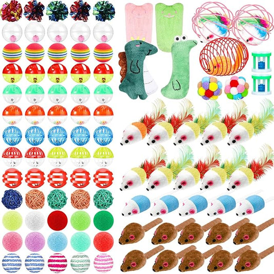Lenwen 100 Pcs Cat Toys Set Bulk Cat Fur Mice Toys Variety Plastic Ball with Bell Furry Pompom Rattle Mouse Assorted Inter...