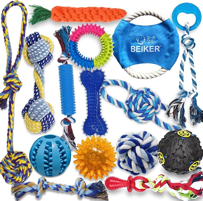 Beiker Dog Teething Chew Toys - 15 Pack Small Medium Breed Puppy Toy, Variety Dogs Rope Chew Toys Bundle for Boredom, Pet ...