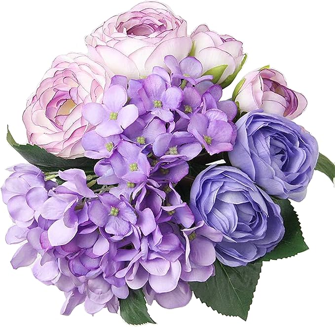 Felice Arts 12" Purple Hydrangea Silk Flowers Bouquet, Peonies Artificial Flowers for Wedding Bridal Bouquets Home Table C...