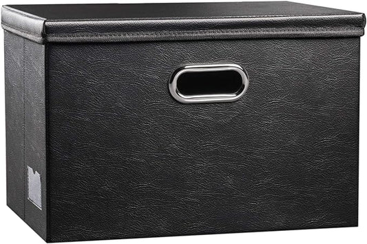 PRANDOM Large Collapsible Storage Bin with Lid [1-Pack] Leather Fabric Foldable Storage Box Organizer Containes Basket Cub...