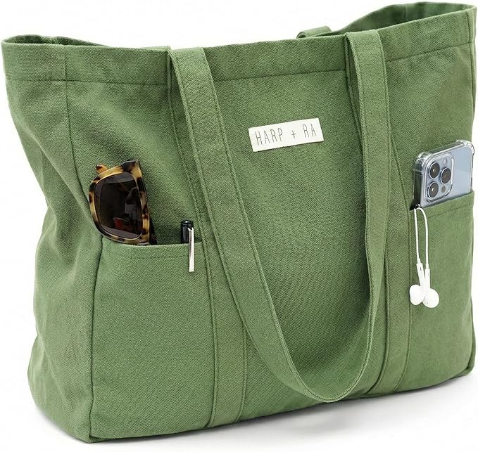 26L Harp + Ra XL Soft Unstructured Canvas Tote Bag for Women, Open Top, No Zipper, Laptop Sleeve, 3 Pockets, 23x18x7 in | ...