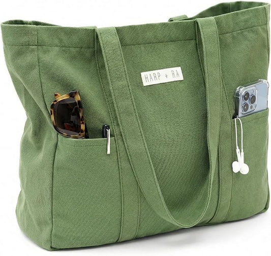 26L Harp + Ra XL Soft Unstructured Canvas Tote Bag for Women, Open Top, No Zipper, Laptop Sleeve, 3 Pockets, 23x18x7 in | ...