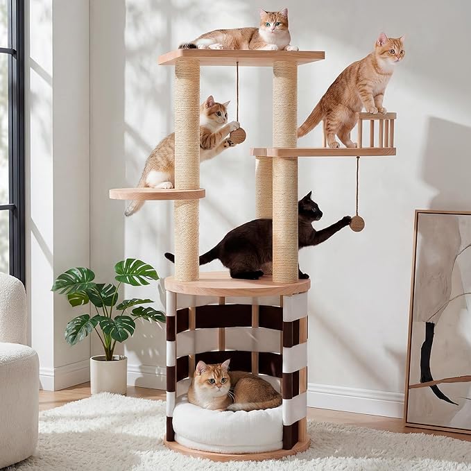 YITAHOME Stable Pine Wood Cat Tree, Multi-Level Cat Tower with Cat House, Observation Perches, Plush Bed, Sisal Scratching...