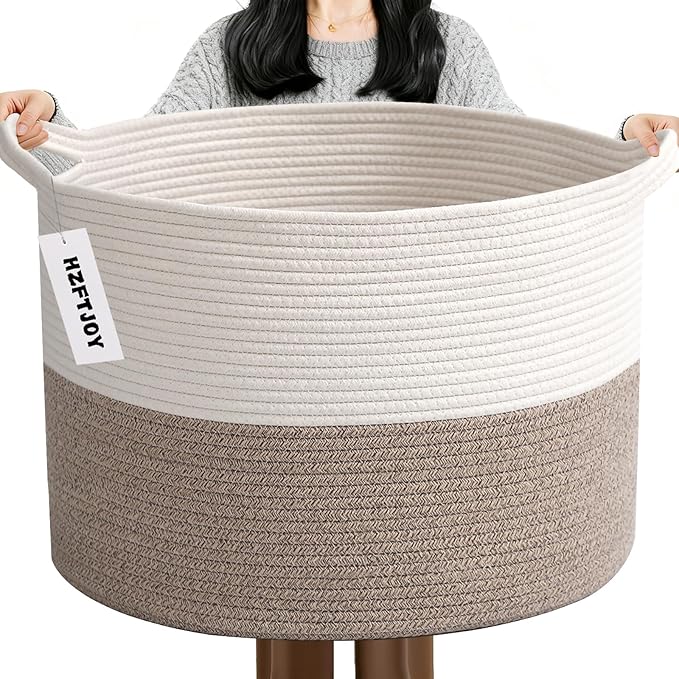 HZFTJOY Large Woven Blanket Basket,65L Cotton Rope Laundry Basket Hamper with Handles, Decorative Nursery Basket Storage B...