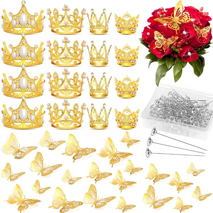cridoz 164Pcs Flower Bouquet Accessories, 16Pcs Crowns for Flower Bouquets with 48Pcs Gold Butterfly Decorations and 100Pc...