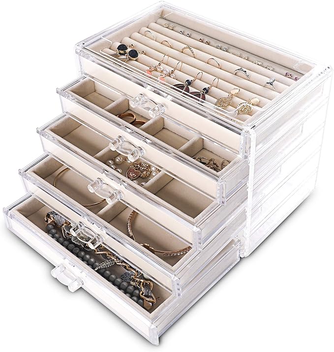 Frebeauty Extra Large Acrylic Jewelry Box for Women Girls 5 Layers Clear Velvet Earring Organizer with 5 Drawers Rings Dis...