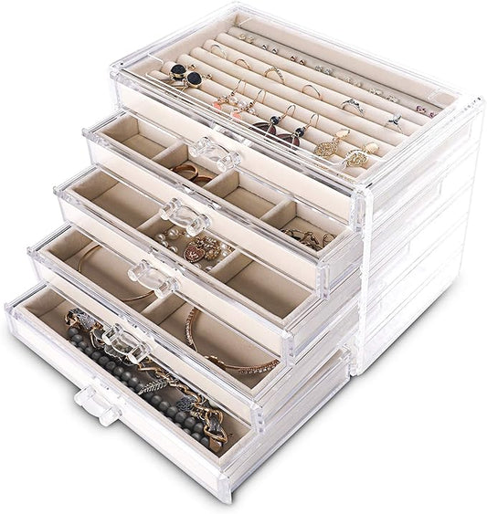 Frebeauty Extra Large Acrylic Jewelry Box for Women Girls 5 Layers Clear Velvet Earring Organizer with 5 Drawers Rings Dis...