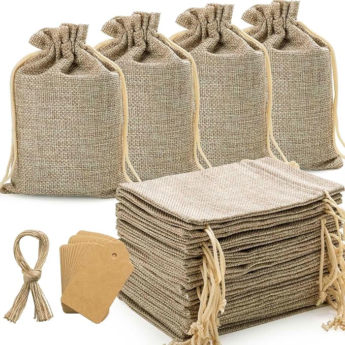 flowsac 25PCS Burlap Gift Bags With Drawstring, 4x6 Small Party Favor Gift Bags, Burlap Linen Sacks Bags for Christmas, Pa...
