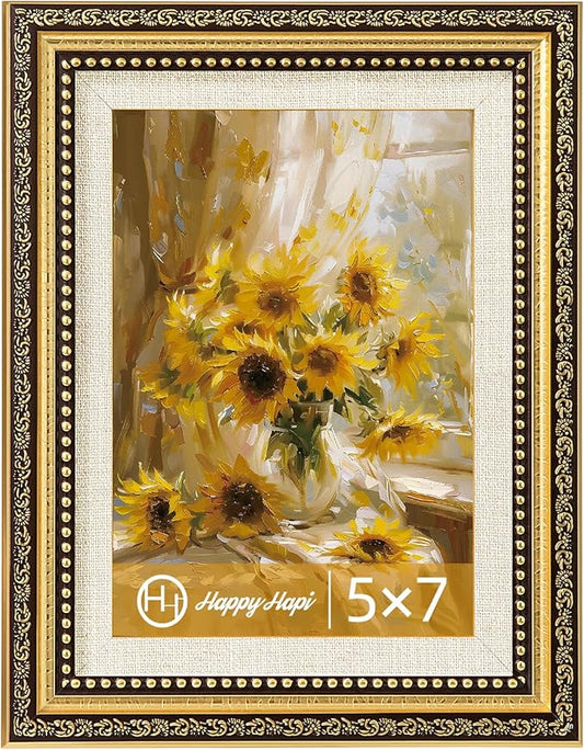 HappyHapi 5x7 Picture Frame, Vintage Picture Frames for Wall or Tabletop Display, Gold Photo Frame for Wall DécorRetro Hom...