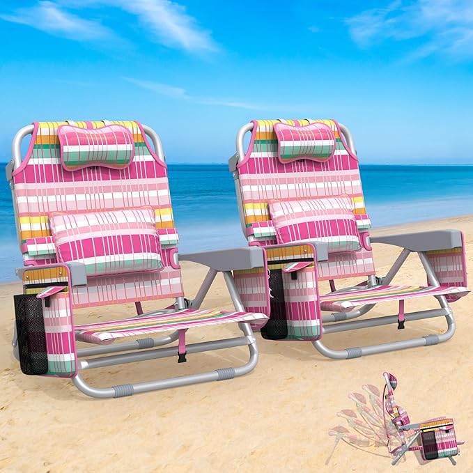 Suteck Backpack Beach Chairs for Adults, 5-Position Lay Flat Reclining Chair with Cooler Pouch, Cup Holder, Towel Bar, 2-P...