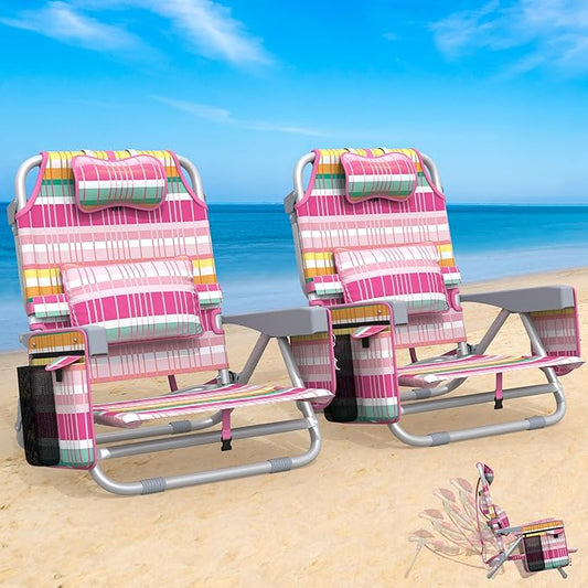 Suteck Backpack Beach Chairs for Adults, 5-Position Lay Flat Reclining Chair with Cooler Pouch, Cup Holder, Towel Bar, 2-P...