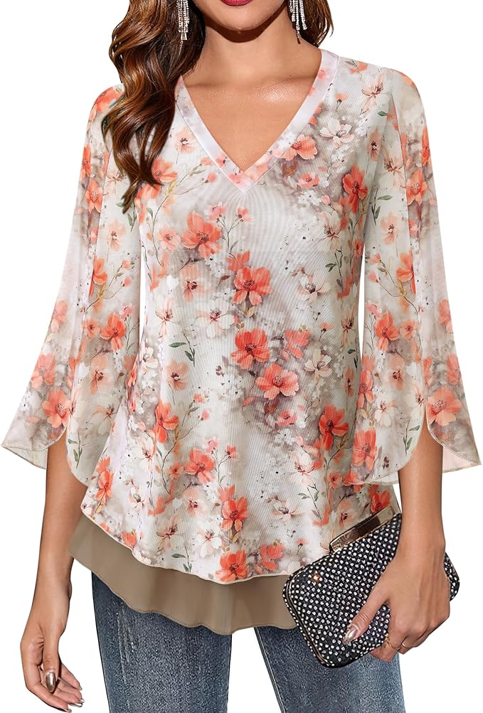 Timeson Women's 3/4 Sleeve Floral Blouses Shirts Double Layers V Neck Dressy Tunics Tops
