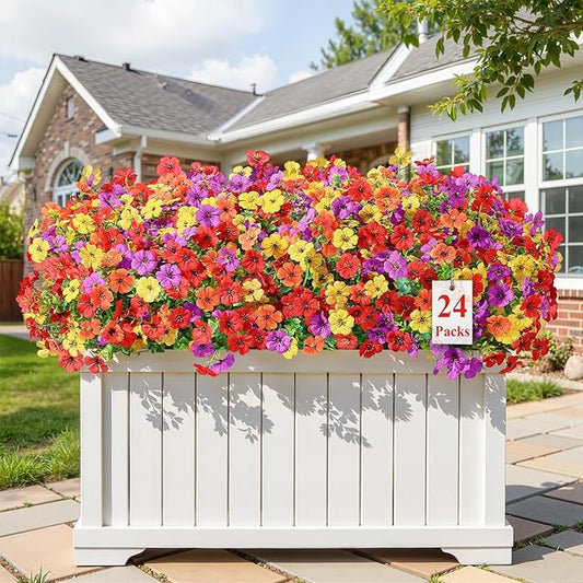 Alupssuc 24 Bundles Artificial Flowers for Outdoors Decoration, UV Resistant Silk Faux Floral Spring Summer Fake Plastic P...