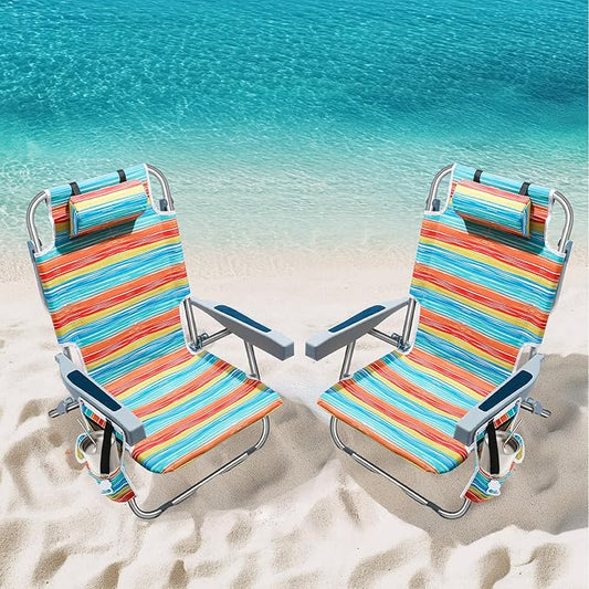 PASAMIC Backpack Beach Chairs for Adults 2 Pack Portable, Lay Flat Reclining Beach Chairs with 5 Positions, Tall Heavy Dut...