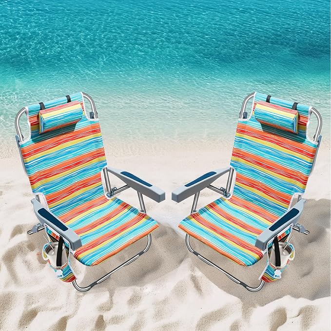 PASAMIC Backpack Beach Chairs for Adults 2 Pack Portable, Lay Flat Reclining Beach Chairs with 5 Positions, Tall Heavy Dut...