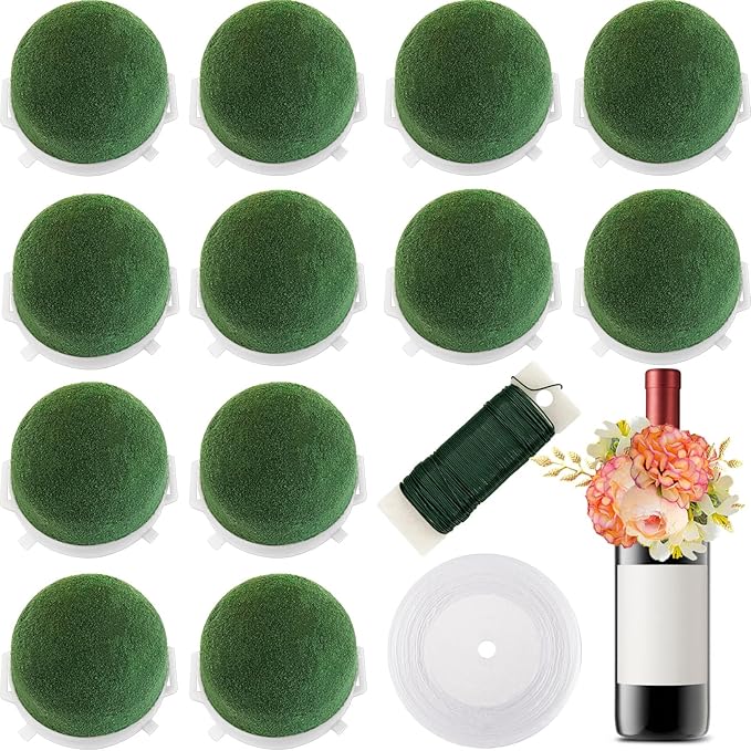 12 Pcs Mini Floral Foam Holder,Round Floral Foam with Green Floral Wire and Ribbon,Green Floral Foam Floral Arrangement Su...