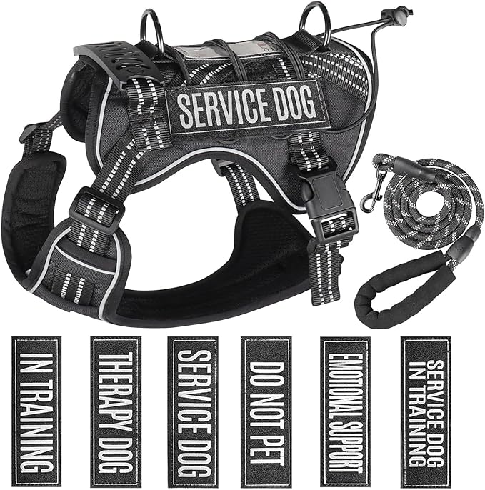 Service Dog Tactical Vest Harness and Leash Set Large Sized Dog Emotional Support- Tactical Dog Harness Training Collar wi...