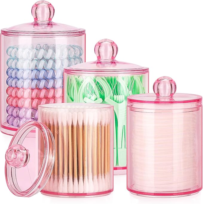 Tbestmax 12 oz & 10 oz Qtip Holder - 4 Pack Restroom Bathroom Organizers and Storage Containers, Pink Plastic Apothecary J...