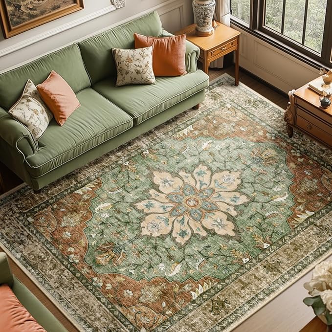 RELEANY Area Rugs 8'x10' Washable Non-Slip, Floral Vintage Distress Print Pattern Medallion Carpet for Living Room Bedroom...