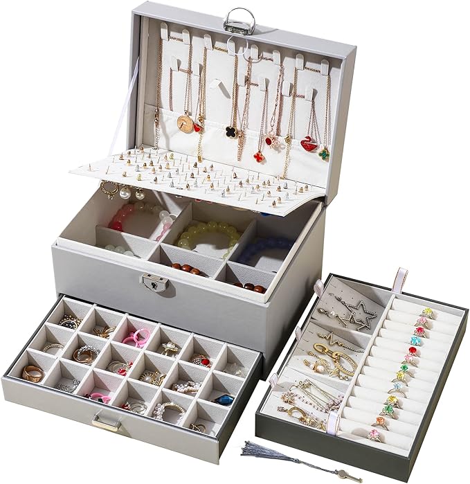 BOOVO Earring Jewelry Box For Women Girl Stud Organizer, 5 Layers Girl Jewelry Organizer Box With Lock Earring Holder Orga...
