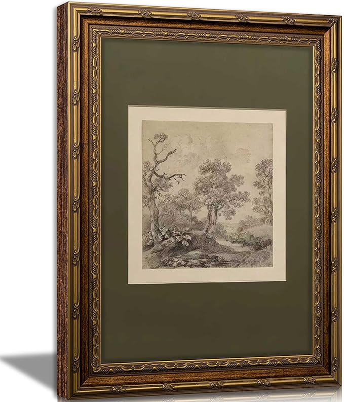 Vintage Gold Framed Wall Art Tree Forest Landscape Painting Canvas Prints Green Gray Tree Natural Sketch Picture Rustic Fa...