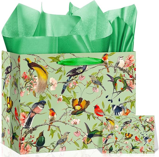 Neptniopllab Vintage Floral Bird Paper Gift Bag with Card & Wrapping Papers,Summer Spring Wild Flower Bird Decorative Gift...