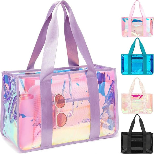 Fammart Iridescent Clear Beach Bags Waterproof Sandproof for Women, Large Jelly Tote Zipper Pool Bag Cruise Essentials 2026