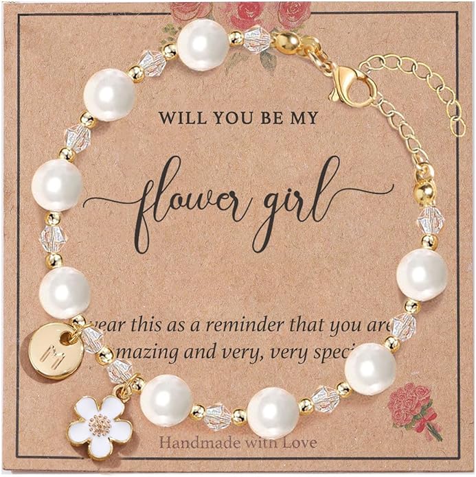 enasal Personalized Flower Girl Proposal Gifts, Will You Be My Flower Girl ? Initial A-Z Cute Shell Pearl Bracelet for Girls