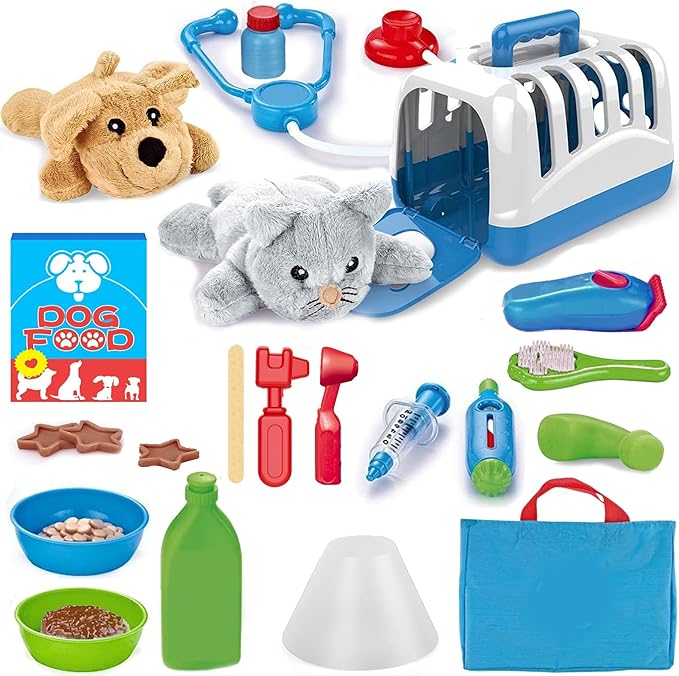 34-Piece Kids Pretend Vet Playset, Veterinarian Role Play Doctor Toy Kit with Plush Dog & Cat, Pet Care Grooming Set with ...