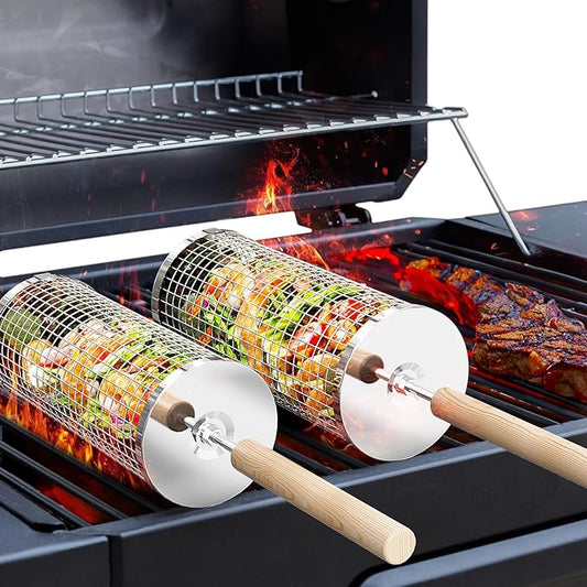 ivtivfu Rolling Grill Basket, Removable Wooden Handle, 304 Stainless Steel, Nesting BBQ Tools, Smoker Grilling Accessories...