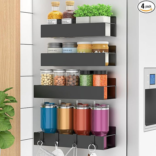 HuggieGems Metal 4 Pack Magnetic Spice Storage Rack Organizer for Refrigerator and Oven, Black Fridge Organizers and Storage