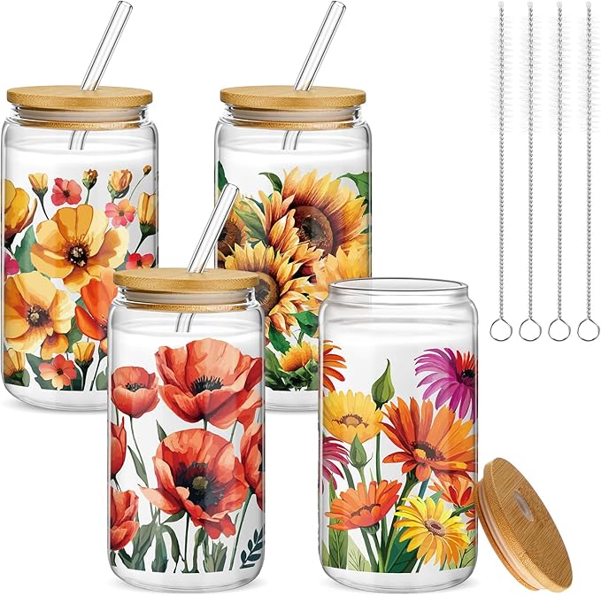 Mumufy 4 Pack Oil Flower Themed Gifts for Women Cute Glass Cup Tumbler Flower Iced Coffee Mugs 16 oz Glass with Bamboo Lid...