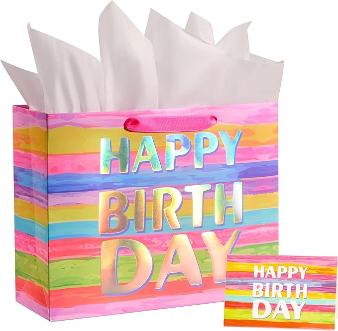 SUNCOLOR Large Happy Birthday Gift Bag with Tissue Paper & Card, 13 x 10.2 x 4.7 Inches Premium Paper Bag for Birthday, Ki...