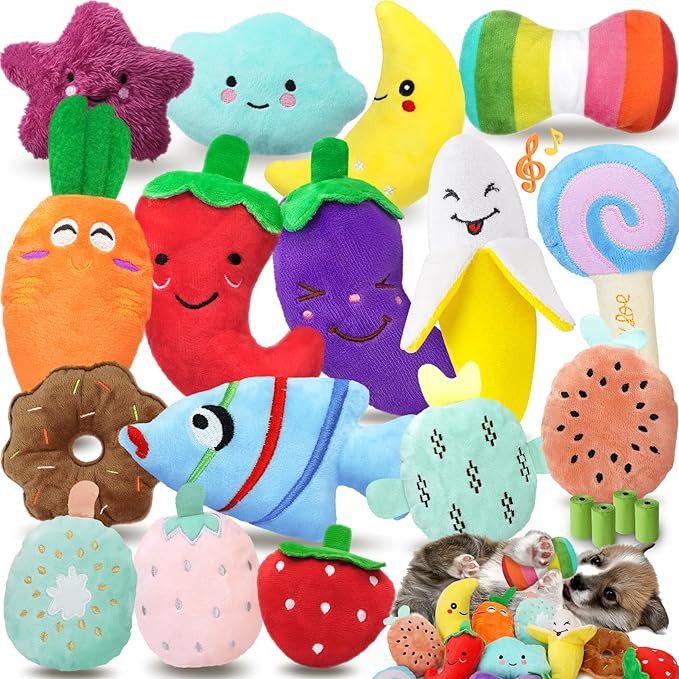 QTwoof Cheerful 20-Pack Squeaky Dog Toys Set - Included 4 Dog Bags, Plush Puppy Toys with Irresistibly Cute Characters for...