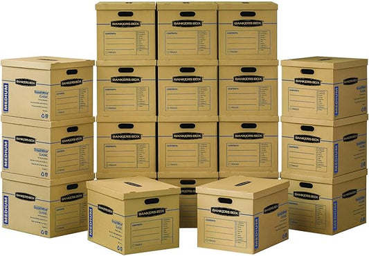 Bankers Box Medium Classic Moving Box 20 Pack, Reinforced Handles, Tape-Free Assembly, Box with Lid, 19-In x 14.5-In x 15....