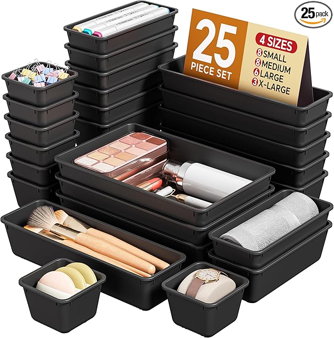 KEMETHY 25 PCS Plastic Drawer Organizers Set, 4 Sizes Vanity Organizer, Makeup and Desk Drawer Organizer Trays, Organizati...