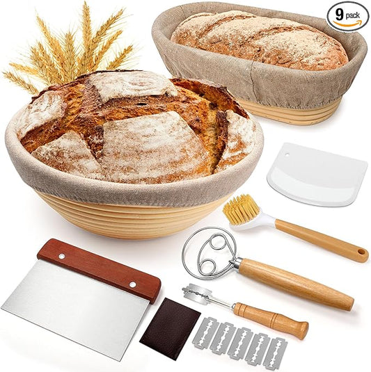 Sourdough Proofing Basket Gift Set, 9" Round and 10" Oval Banneton Bread Baking Supplies, Sourdough Baskets with Bread Lam...
