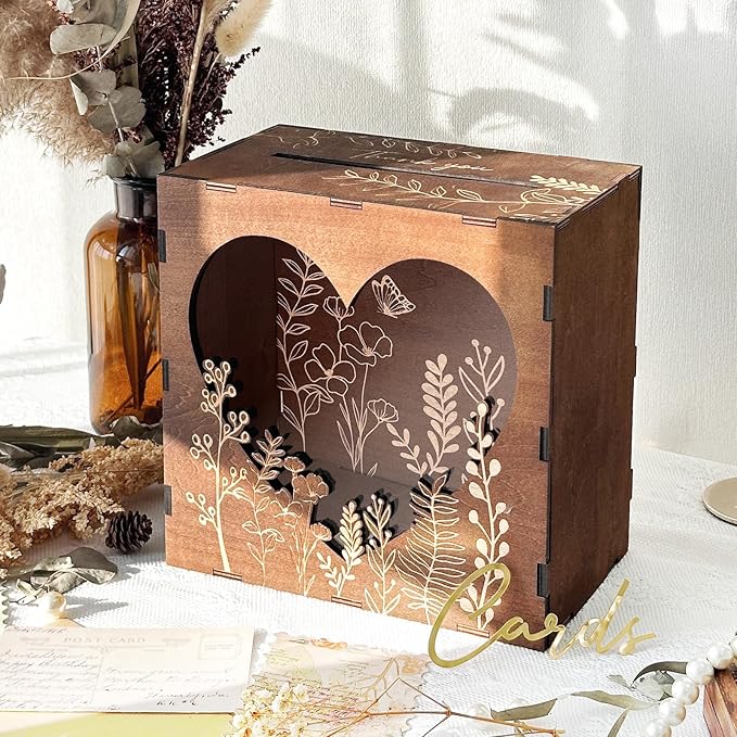 OurWarm Brown Wedding Card Box for Reception with Heart Acrylic Window, Wooden Gift Card Box for Wedding with Flower Patte...