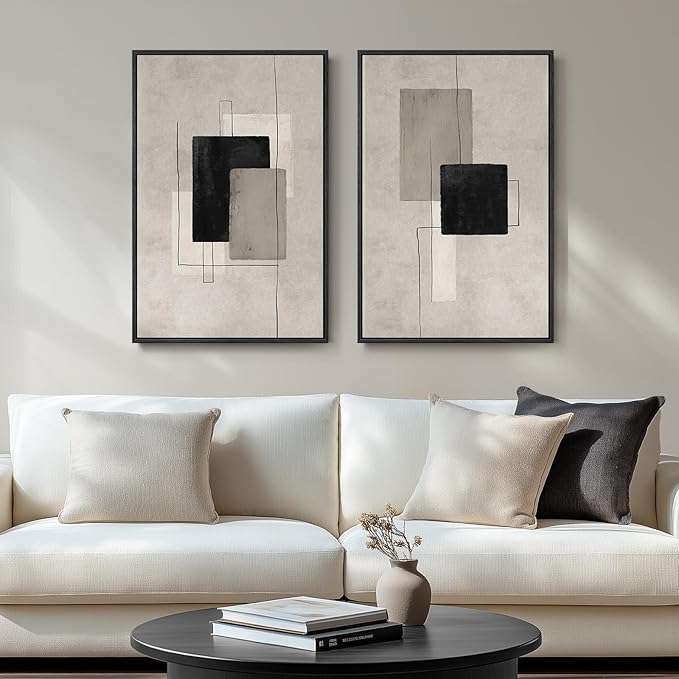 Large Framed Neutral Abstract Wall Art for Living Room, Set of 2 Black and Beige Modern Canvas Prints Paintings Artwork fo...