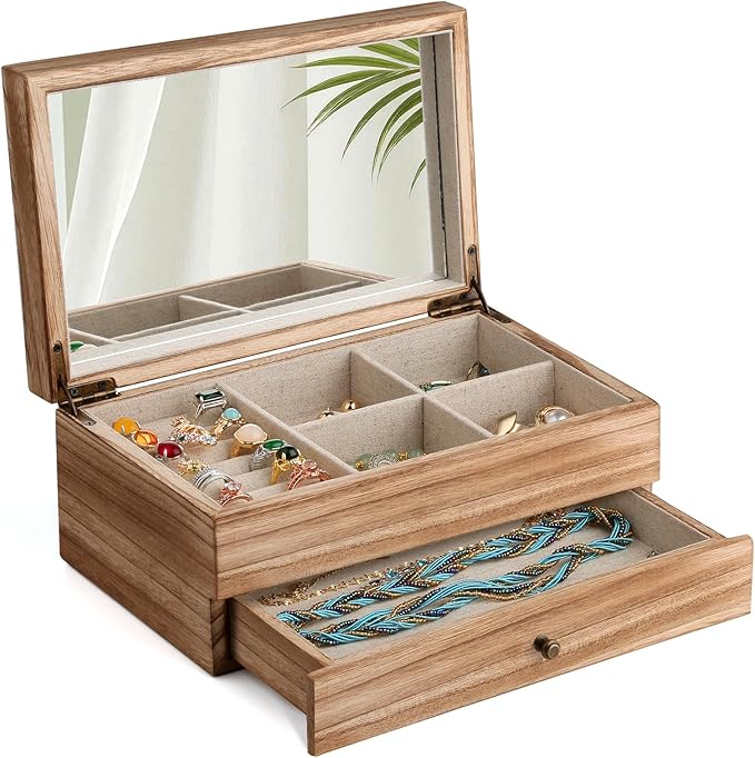 Meangood Jewelry Box Organizer for Women, 2 Layer Large Jewelry Storage Case, Rustic Wooden Jewelry Box with Mirror & Ring...