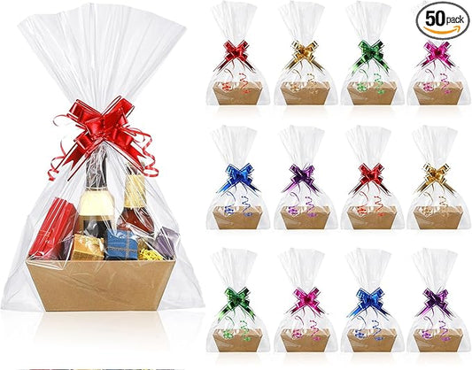 Canlierr 50 Pcs Baskets for Gifts Empty Set 12 Pcs 10 x 7 x 3 Thick Kraft Market Tray Small Gift Baskets 18 Clear Gift Bag...