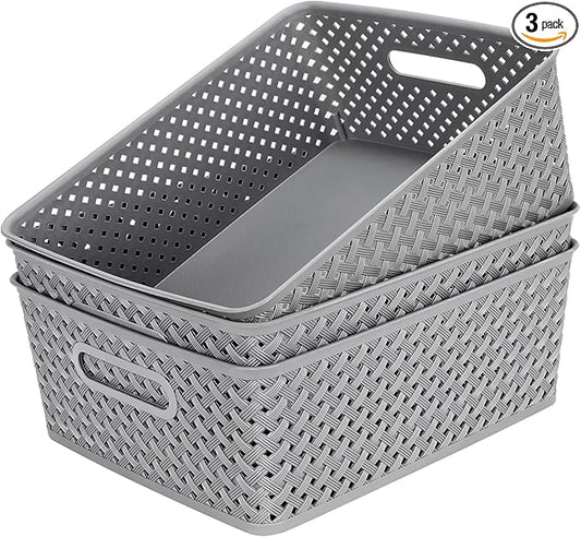 MaxGear Organization and Storage 3 Packs, Plastic Bins Organizer Bins, Woven Baskets for Storage, Plastic Baskets with Han...