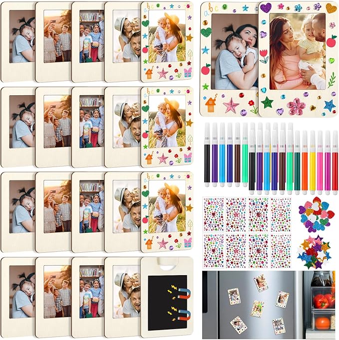 Yalikop 12 Pack Mini Wooden Picture Frames for Crafts Unfinished Magnetic Picture Photo Frame Kit with 12 Watercolor Penci...