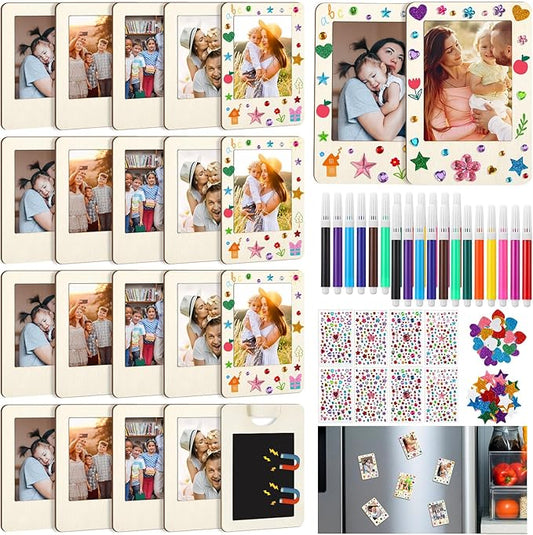 Yalikop 12 Pack Mini Wooden Picture Frames for Crafts Unfinished Magnetic Picture Photo Frame Kit with 12 Watercolor Penci...