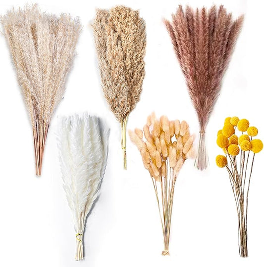 100PCS Natural Dried Pampas Grass Decor - 17.5" Fluffy Pampas Grass Bouquet - Boho Home Decor Dried Flowers for Wedding Fl...